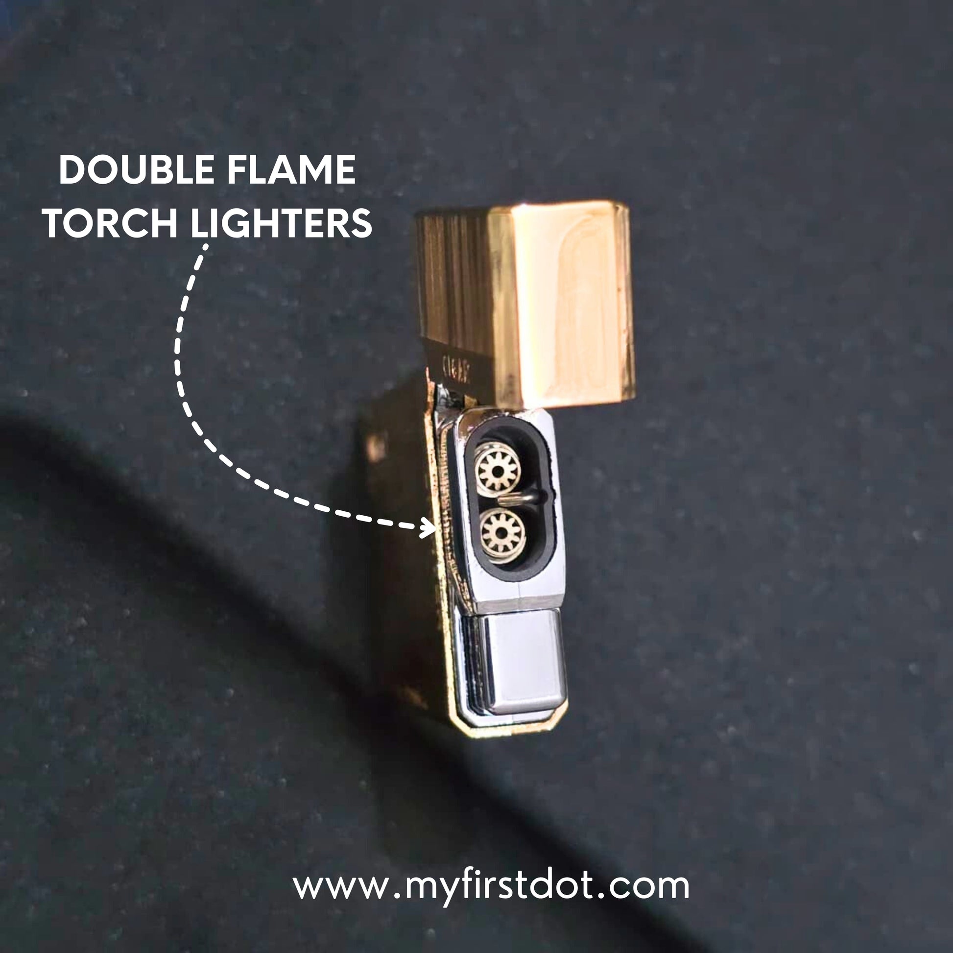 Double flame torch lighter on a dark background with branding text. Monarch Double Flame Torch Lighter Metallic Gold