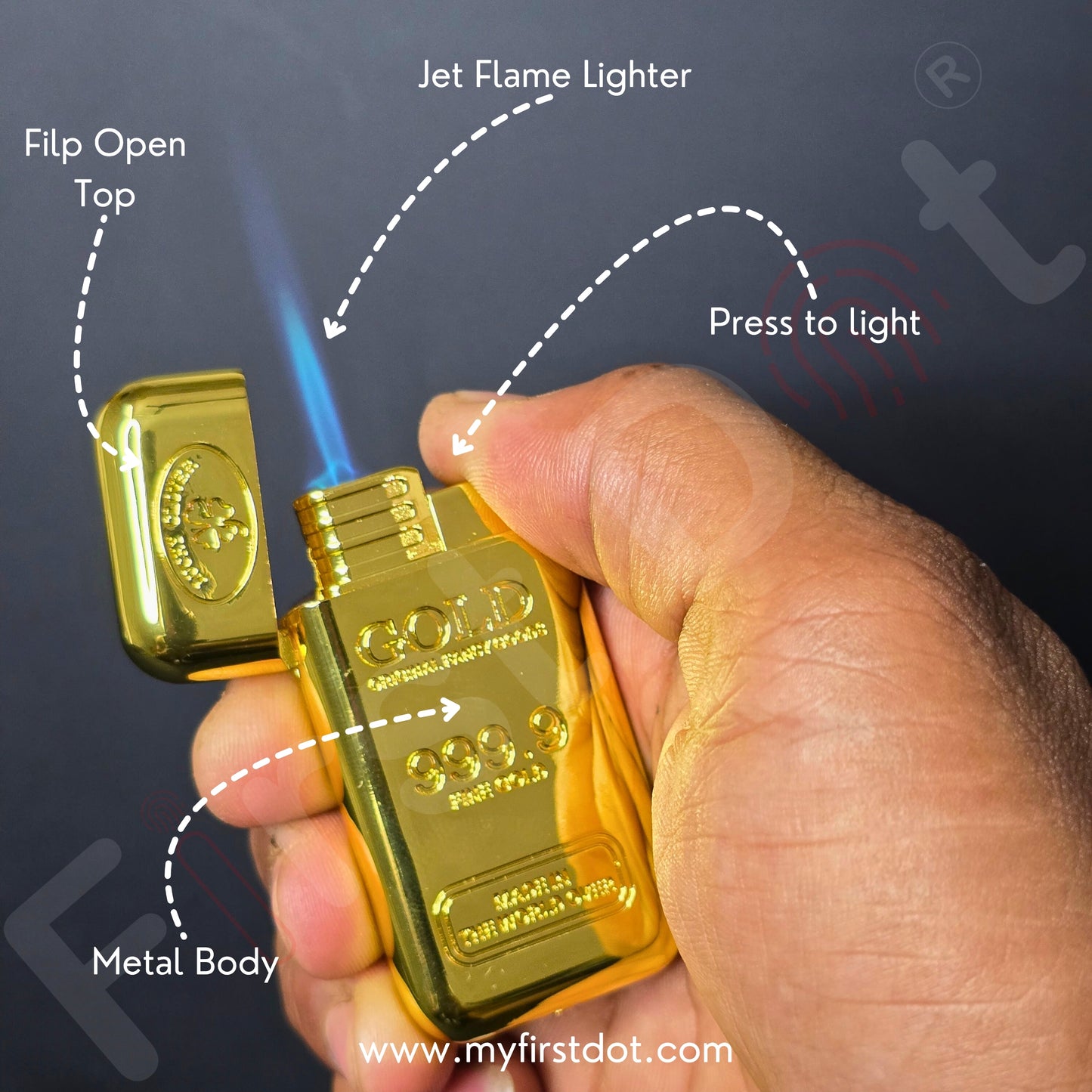 Premium Gold Bar Jet Flame Lighter | 999.9 Engraved Windproof Flame