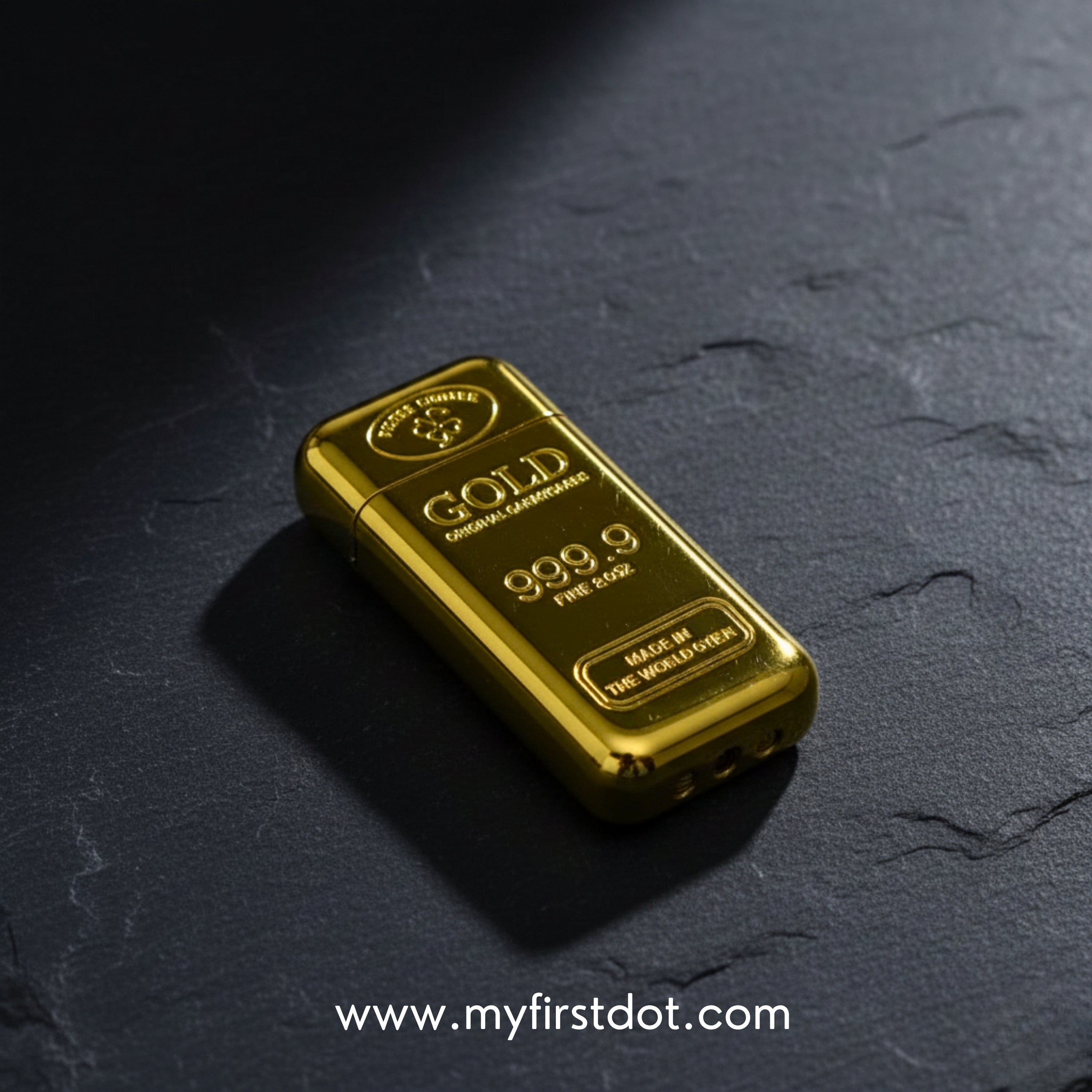 Gold bar on a dark textured surface with 'myfirstdot.com' branding. first dot Premium Gold Bar Jet Flame Lighter  999.9 Engraved Windproof Flame