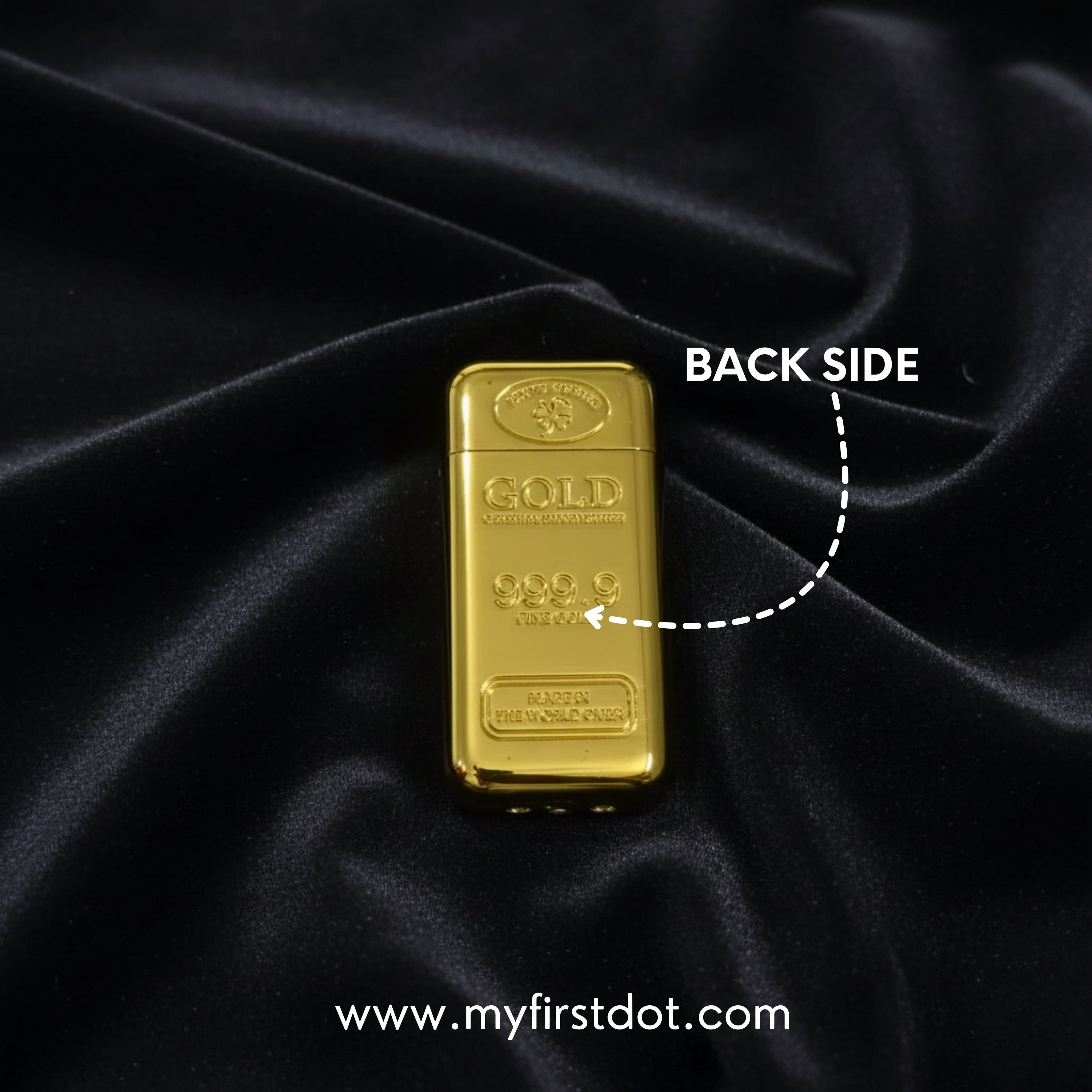 Gold bar on black fabric with 'BACK SIDE' label and website URL. first dot Premium Gold Bar Jet Flame Lighter  999.9 Engraved Windproof Flame