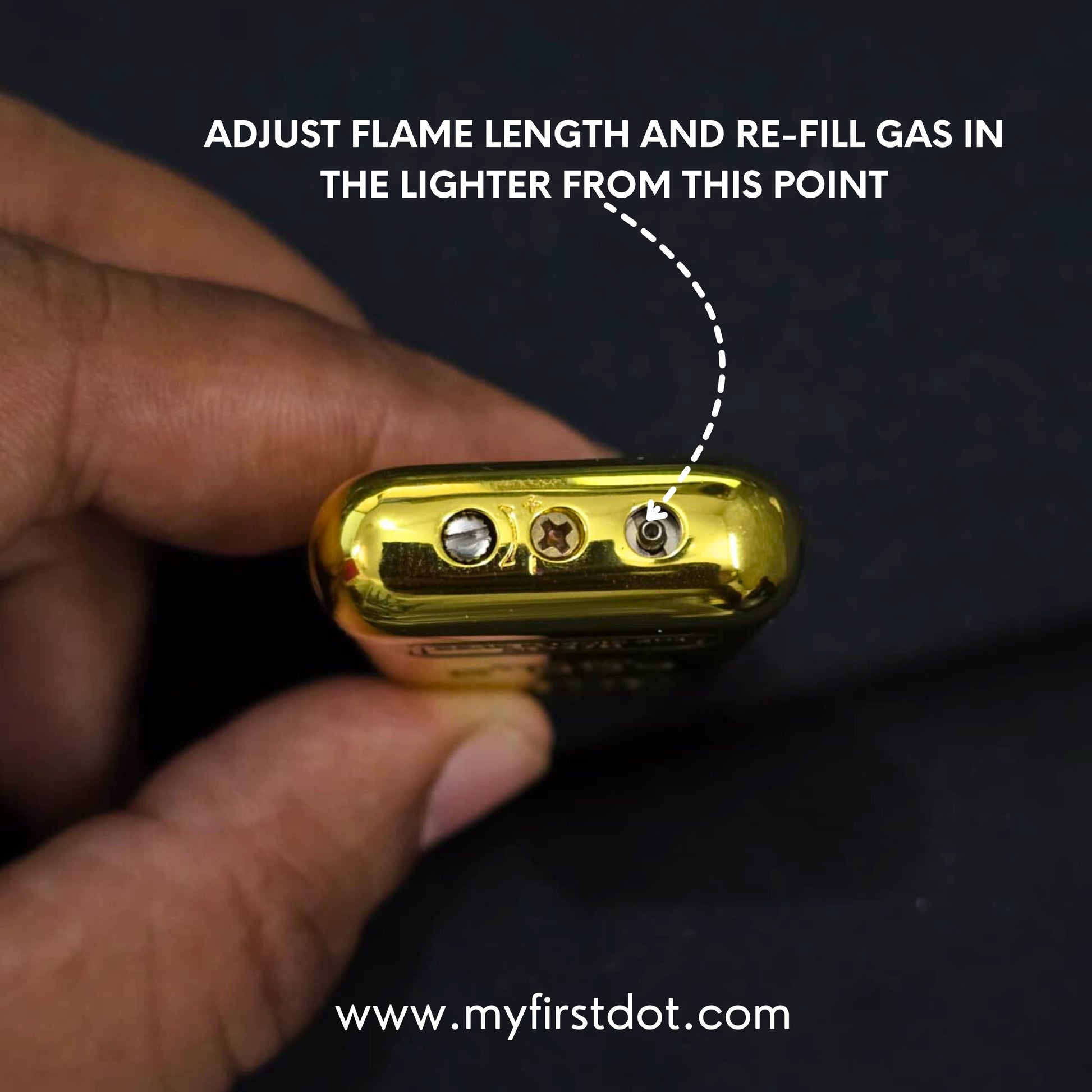 Gold lighter held by a hand with text instructions on adjusting flame length and refilling gas. first dot Premium Gold Bar Jet Flame Lighter  999.9 Engraved Windproof Flame