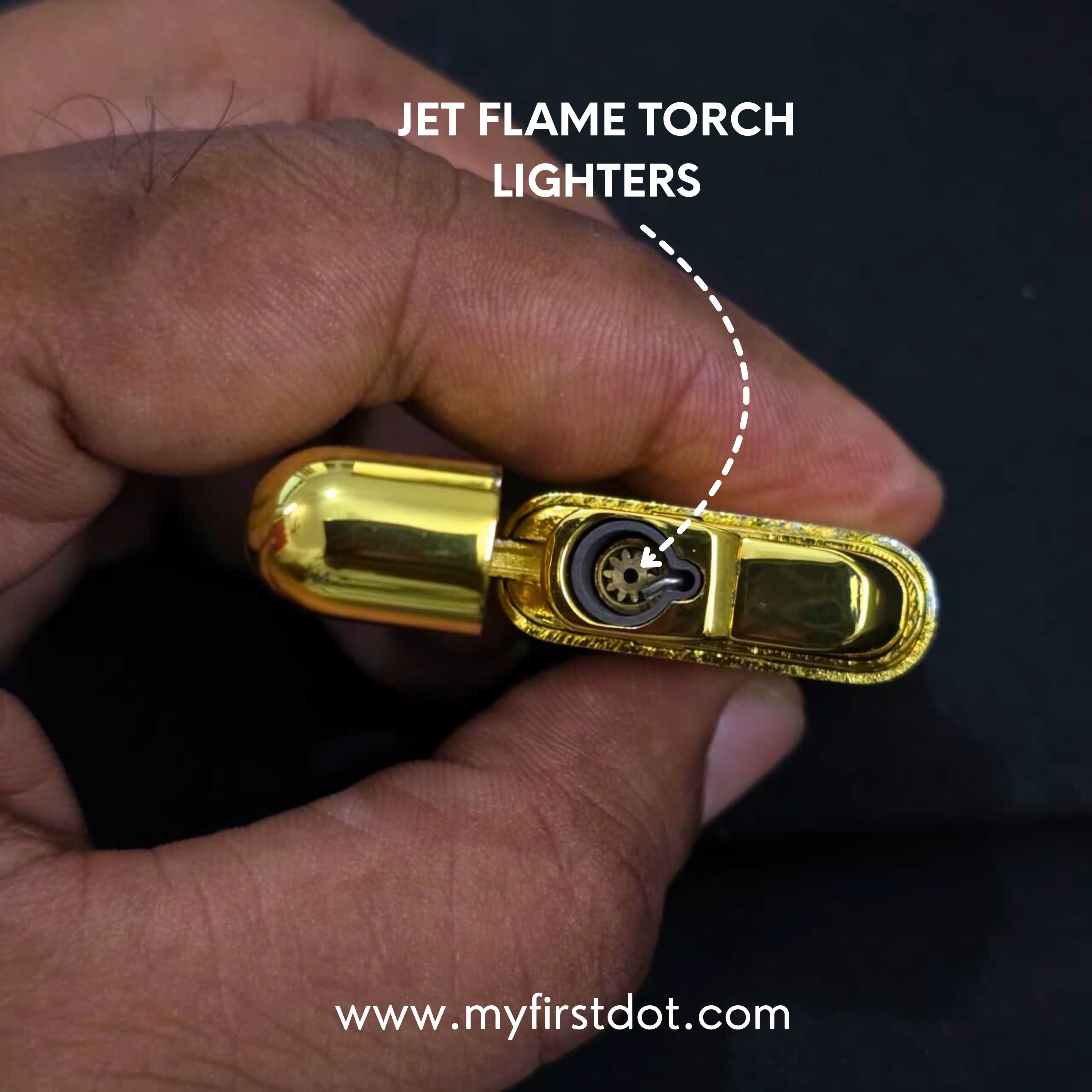 Gold jet flame torch lighter held in a hand with 'www.myfirstdot.com'  first dot Premium Gold Bar Jet Flame Lighter  999.9 Engraved Windproof Flamebranding.