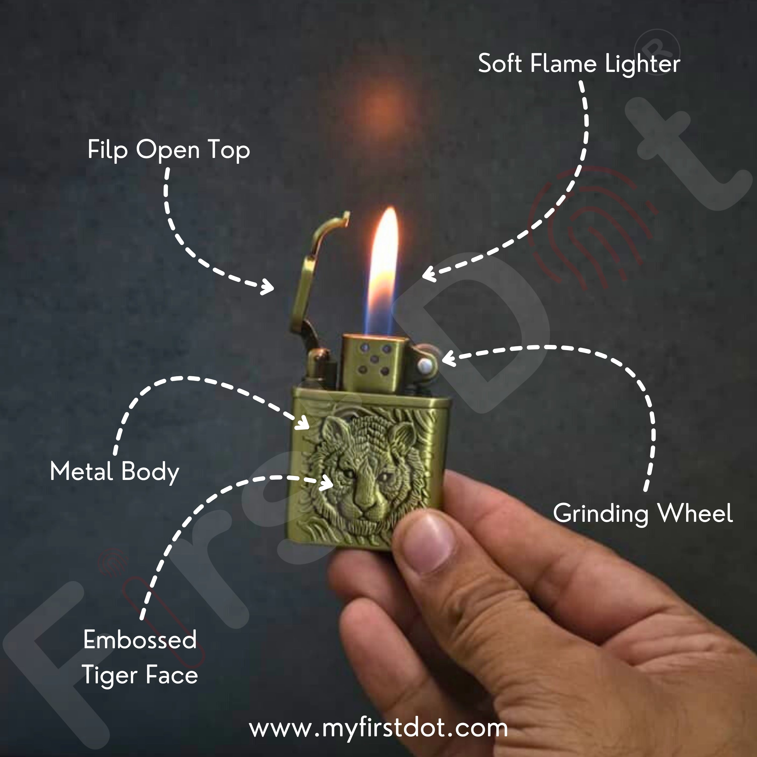 Brass lighter with tiger design held by a hand, labeled features on a dark background.