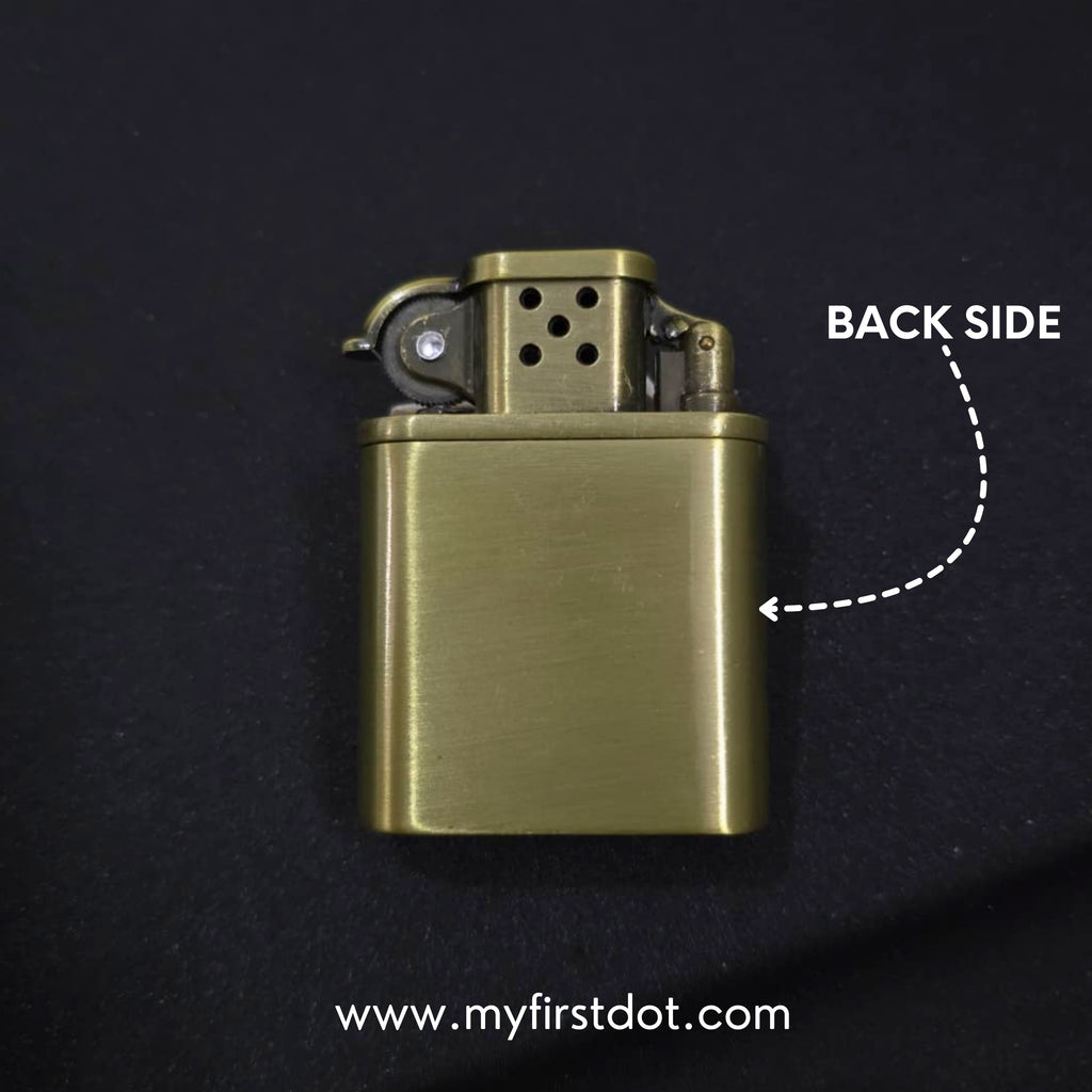 Brass lighter on a black background with 'Back Side' label and website URL.