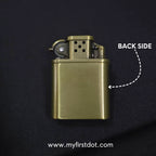 Brass lighter on a black background with 'Back Side' label and website URL.