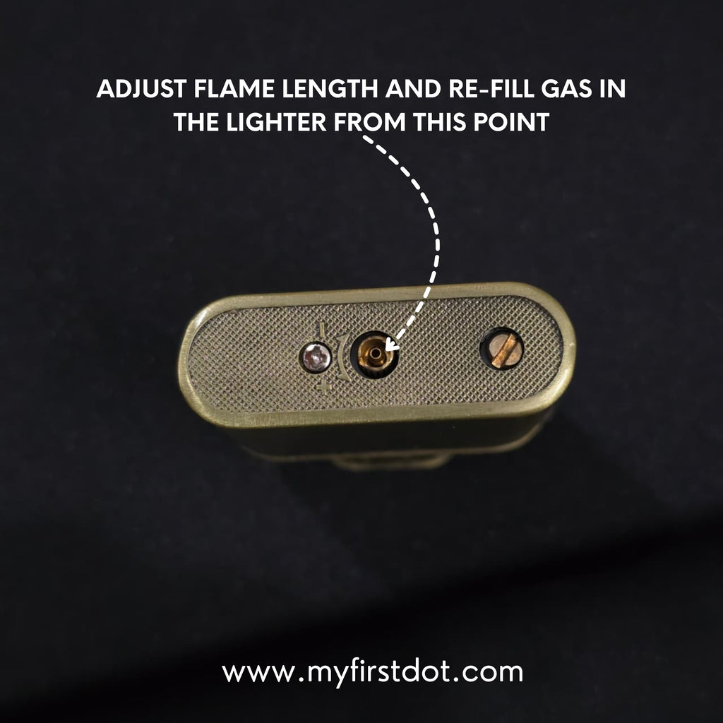 Lighter with instructions on adjusting flame length and refilling gas, against a dark background.