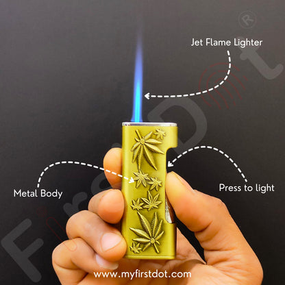 Vintage Leaf Carved Jet Flame Lighter Gold