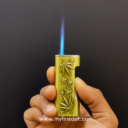 Vintage Leaf Carved Jet Flame Lighter Gold