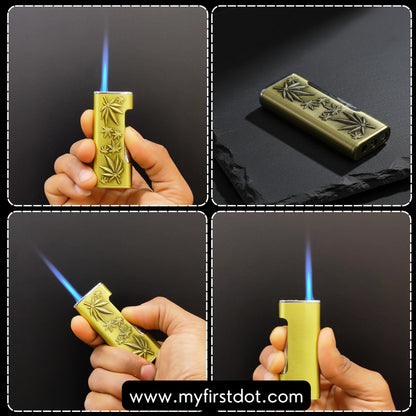 Vintage Leaf Carved Jet Flame Lighter Gold