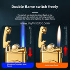 Gold lighter with double flame switch feature on a dark background first dot Vintage Trench Retro Rocker Lighter | Dual Flame Lighter
