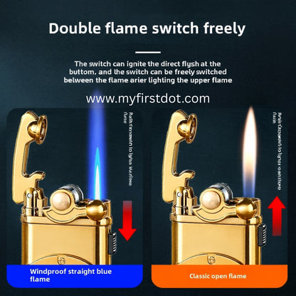 Gold lighter with double flame switch feature on a dark background first dot Vintage Trench Retro Rocker Lighter | Dual Flame Lighter