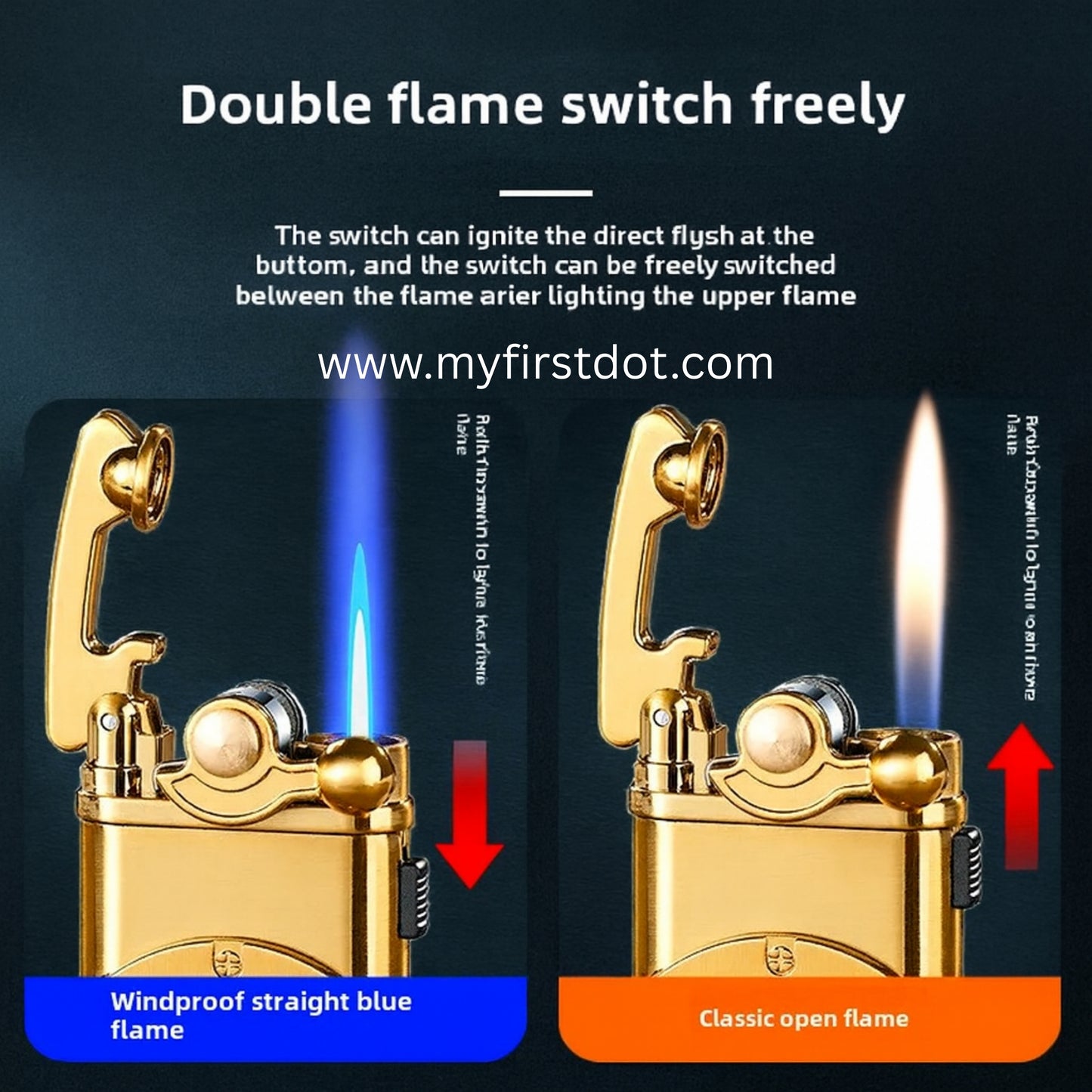 Gold lighter with double flame switch feature on a dark background first dot Vintage Trench Retro Rocker Lighter | Dual Flame Lighter