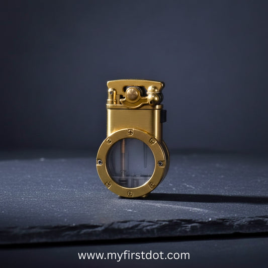 Gold-colored mechanical device on a dark surface with a dark background first dot Vintage Trench Retro Rocker Lighter | Dual Flame Lighter