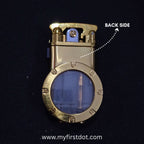 Brass lighter with blue glass on a black background, labeled 'Back Side'. first dot Vintage Trench Retro Rocker Lighter | Dual Flame Lighter