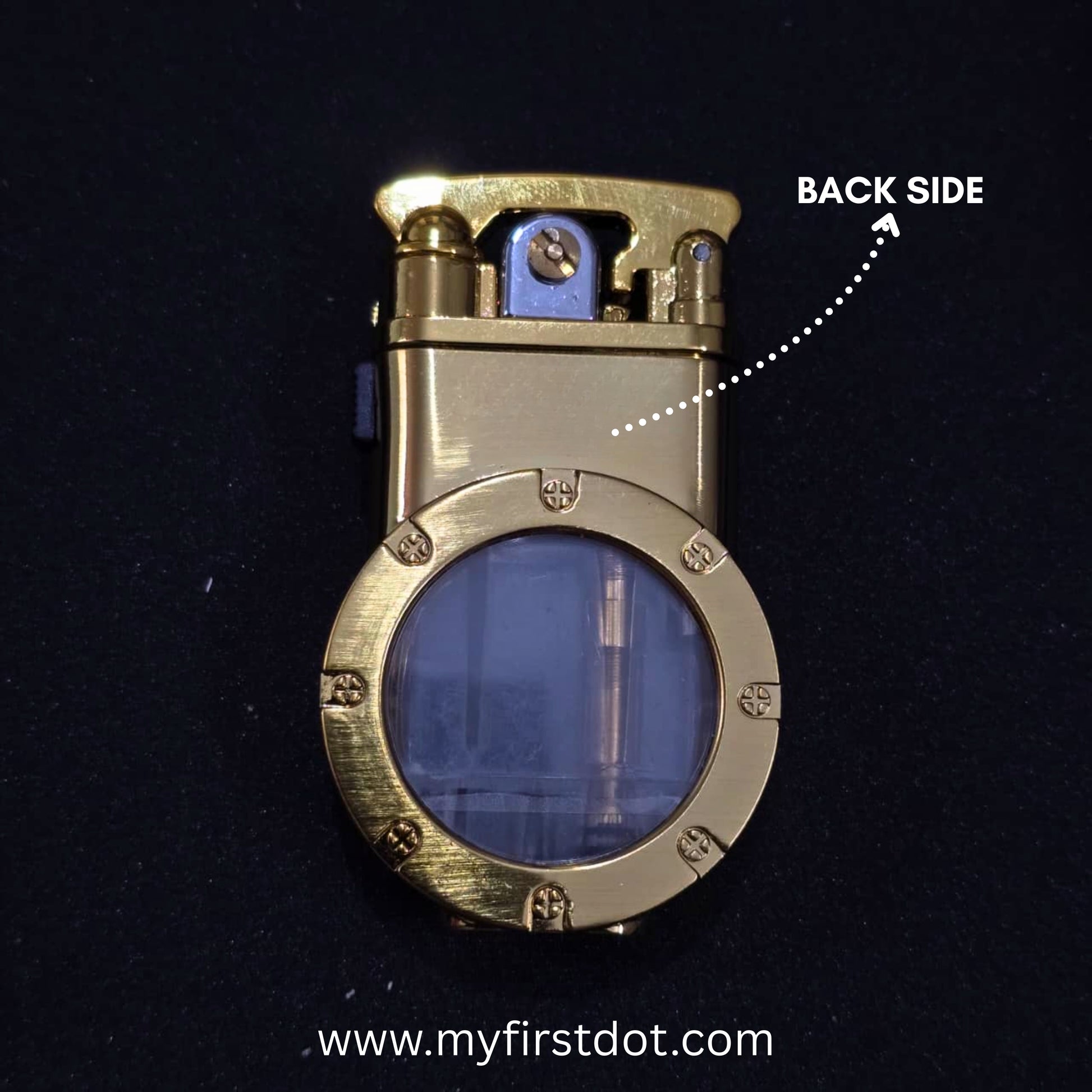 Brass lighter with blue glass on a black background, labeled 'Back Side'. first dot Vintage Trench Retro Rocker Lighter | Dual Flame Lighter