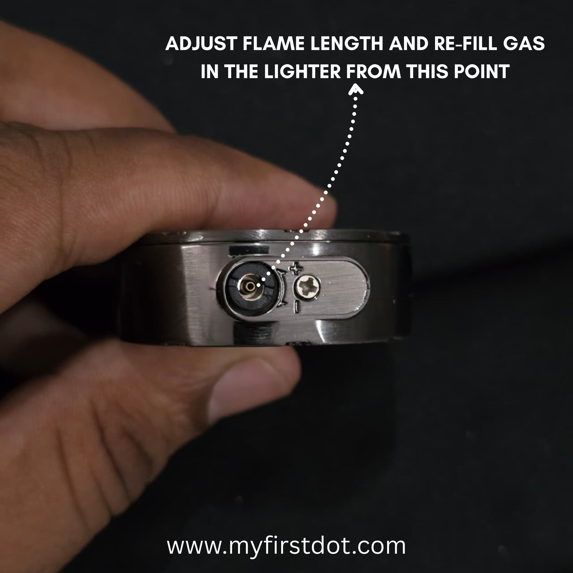 Hand holding a lighter with text on adjusting flame length and refilling gas, against a dark background. first dot Vintage Trench Retro Rocker Lighter | Dual Flame Lighter