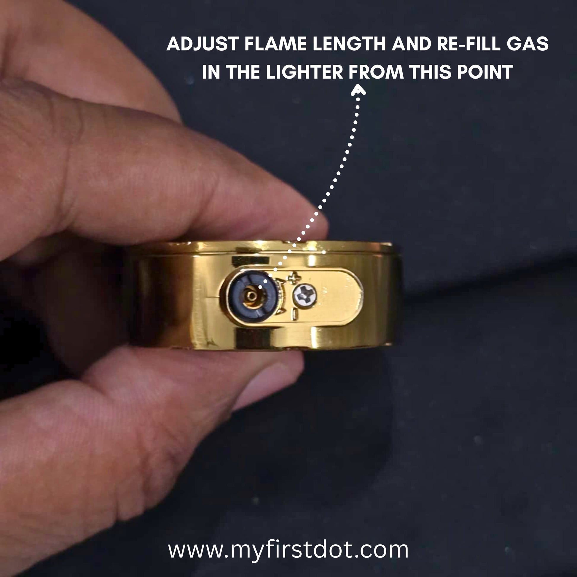 Gold lighter with instructions on adjusting flame length and refilling gas, held by a hand against a dark background. first dot Vintage Trench Retro Rocker Lighter | Dual Flame Lighter