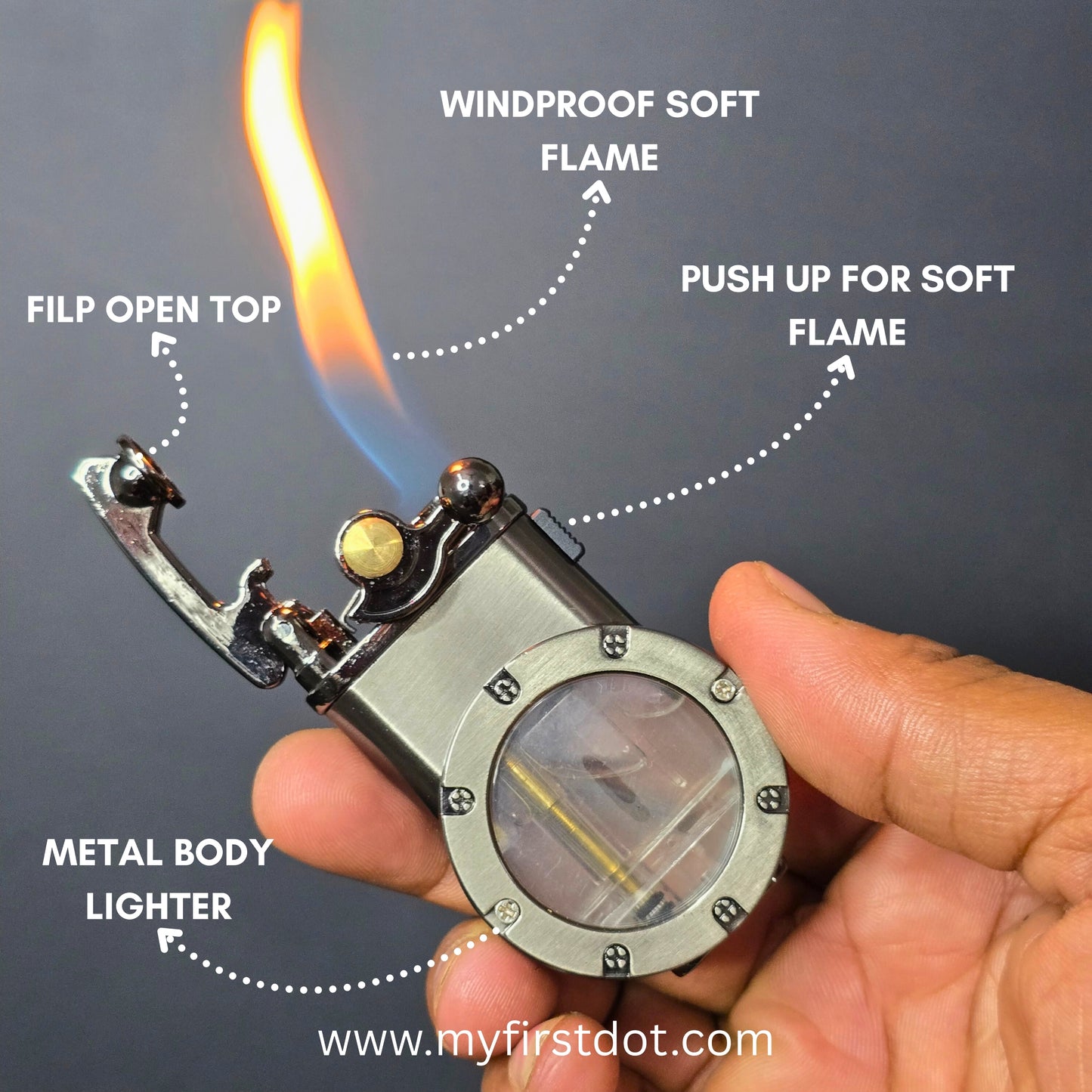 Metal body lighter with flame, labeled instructions, and website URL on a dark background first dot Vintage Trench Retro Rocker Lighter | Dual Flame Lighter