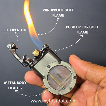 Metal body lighter with flame, labeled instructions, and website URL on a dark background first dot Vintage Trench Retro Rocker Lighter | Dual Flame Lighter