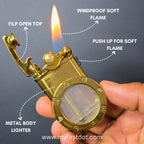Gold lighter being held with flame, labeled features on a dark background first dot Vintage Trench Retro Rocker Lighter | Dual Flame Lighter