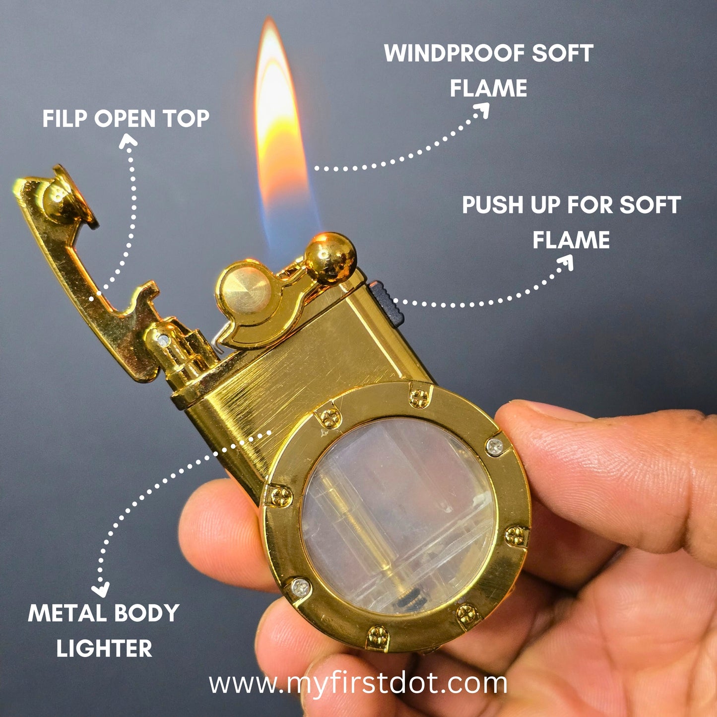 Gold lighter being held with flame, labeled features on a dark background first dot Vintage Trench Retro Rocker Lighter | Dual Flame Lighter