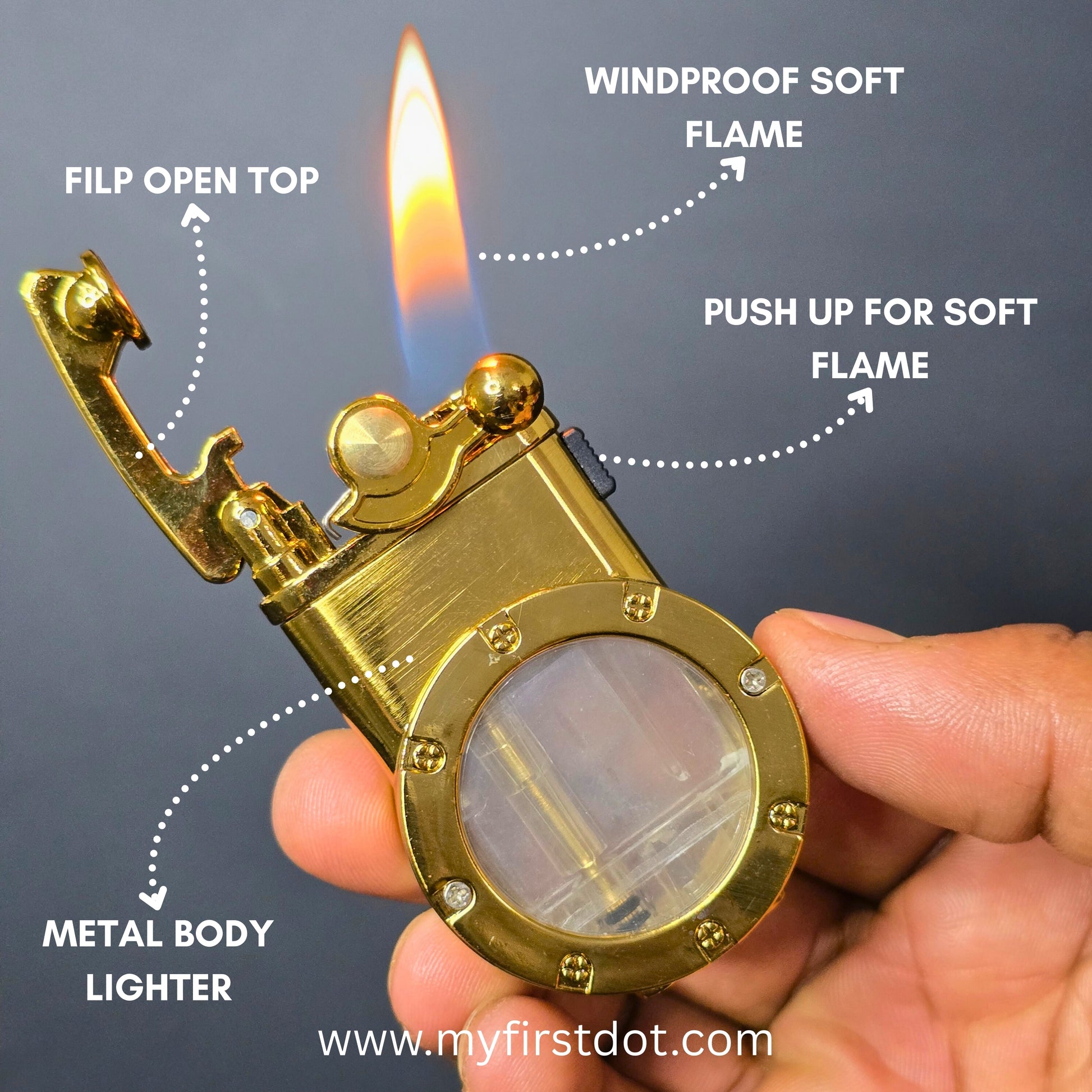 Gold lighter being held with flame, labeled features on a dark background first dot Vintage Trench Retro Rocker Lighter | Dual Flame Lighter