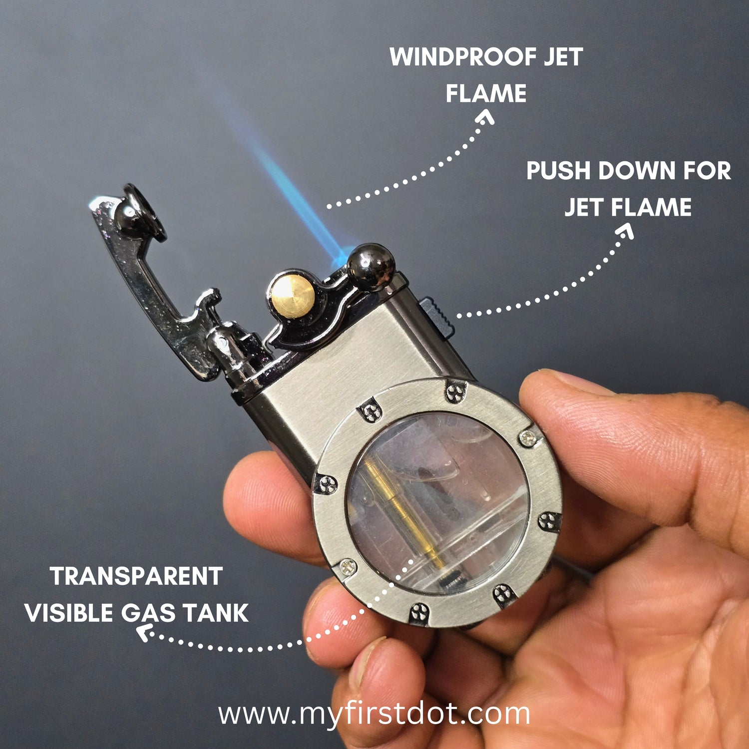 Hand holding a windproof jet flame lighter with labeled features and a dark background. first dot Vintage Trench Retro Rocker Lighter | Dual Flame Lighter