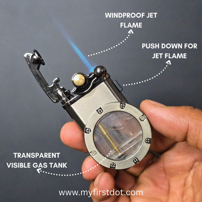 Hand holding a windproof jet flame lighter with labeled features and a dark background. first dot Vintage Trench Retro Rocker Lighter | Dual Flame Lighter