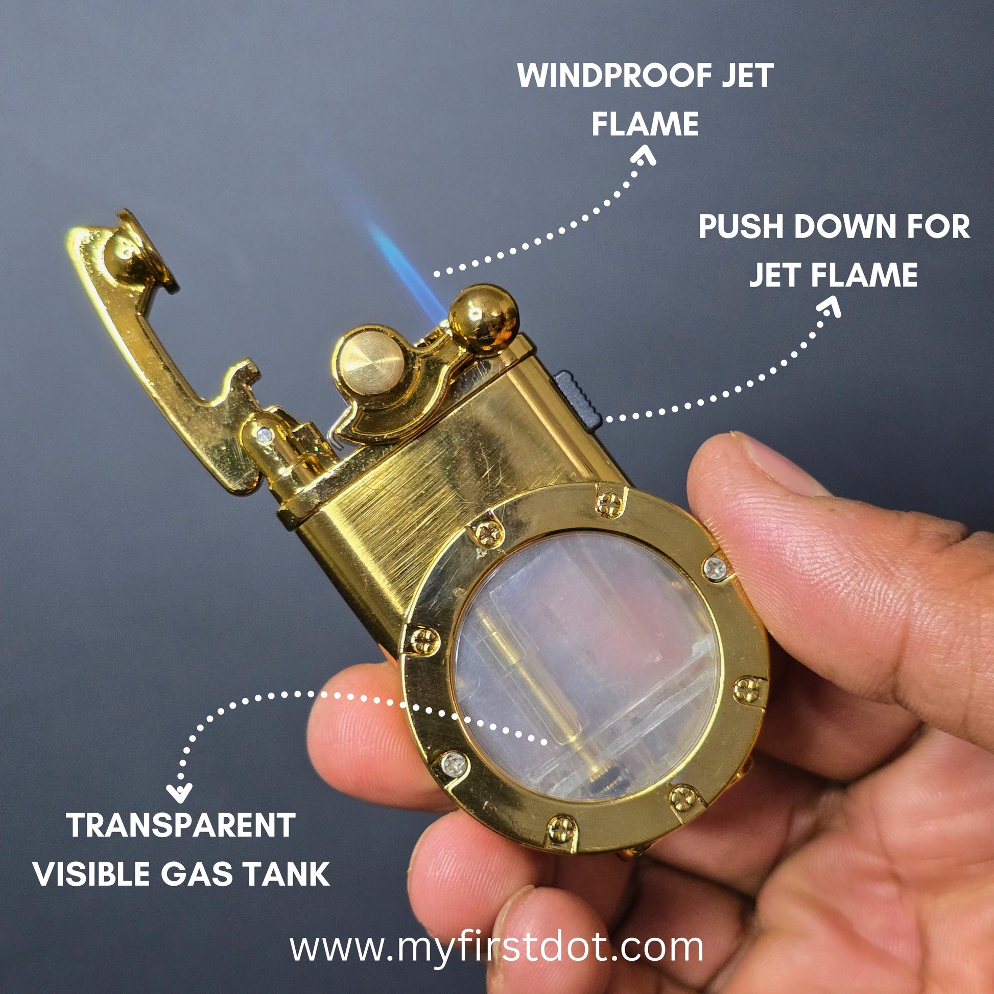 Gold lighter held by a hand with labeled features on a dark background first dot Vintage Trench Retro Rocker Lighter | Dual Flame Lighter