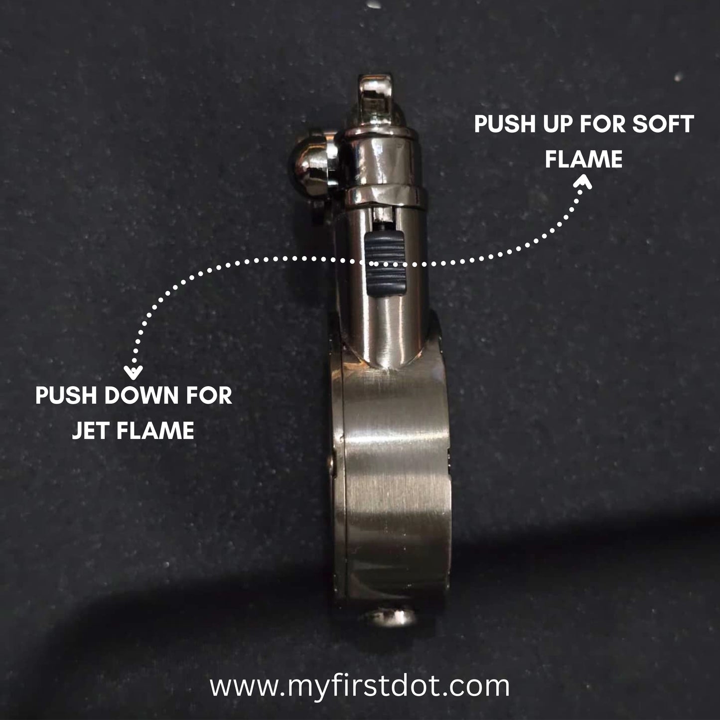 Butane lighter with labeled flame types on a dark background first dot Vintage Trench Retro Rocker Lighter | Dual Flame Lighter