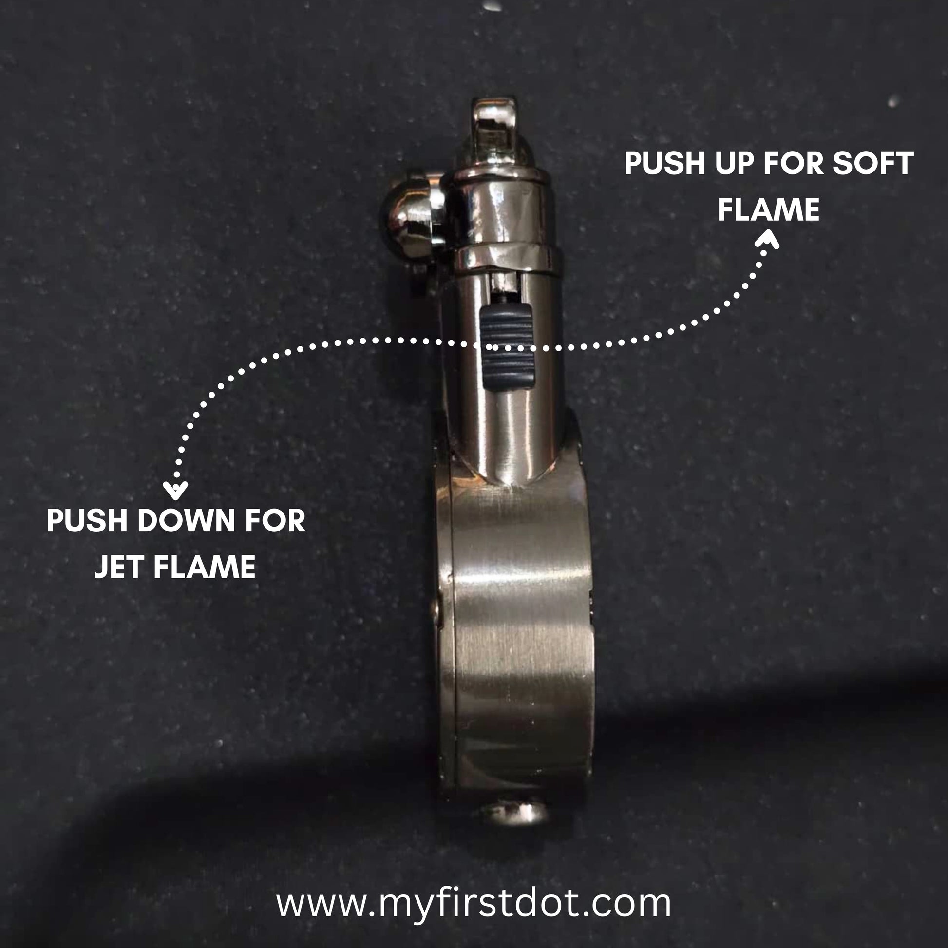 Butane lighter with labeled flame types on a dark background first dot Vintage Trench Retro Rocker Lighter | Dual Flame Lighter
