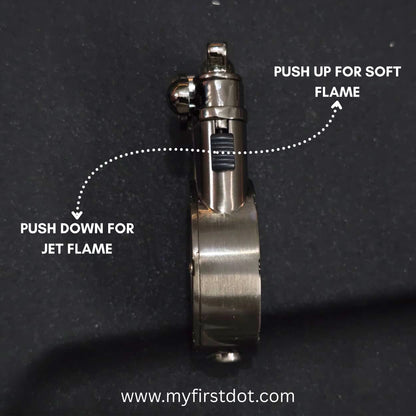 Butane lighter with labeled flame types on a dark background first dot Vintage Trench Retro Rocker Lighter | Dual Flame Lighter