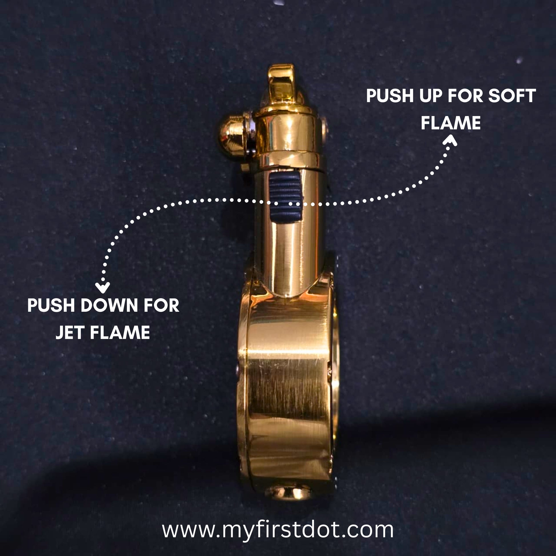 Gold lighter with labeled flame control on a dark background first dot Vintage Trench Retro Rocker Lighter | Dual Flame Lighter