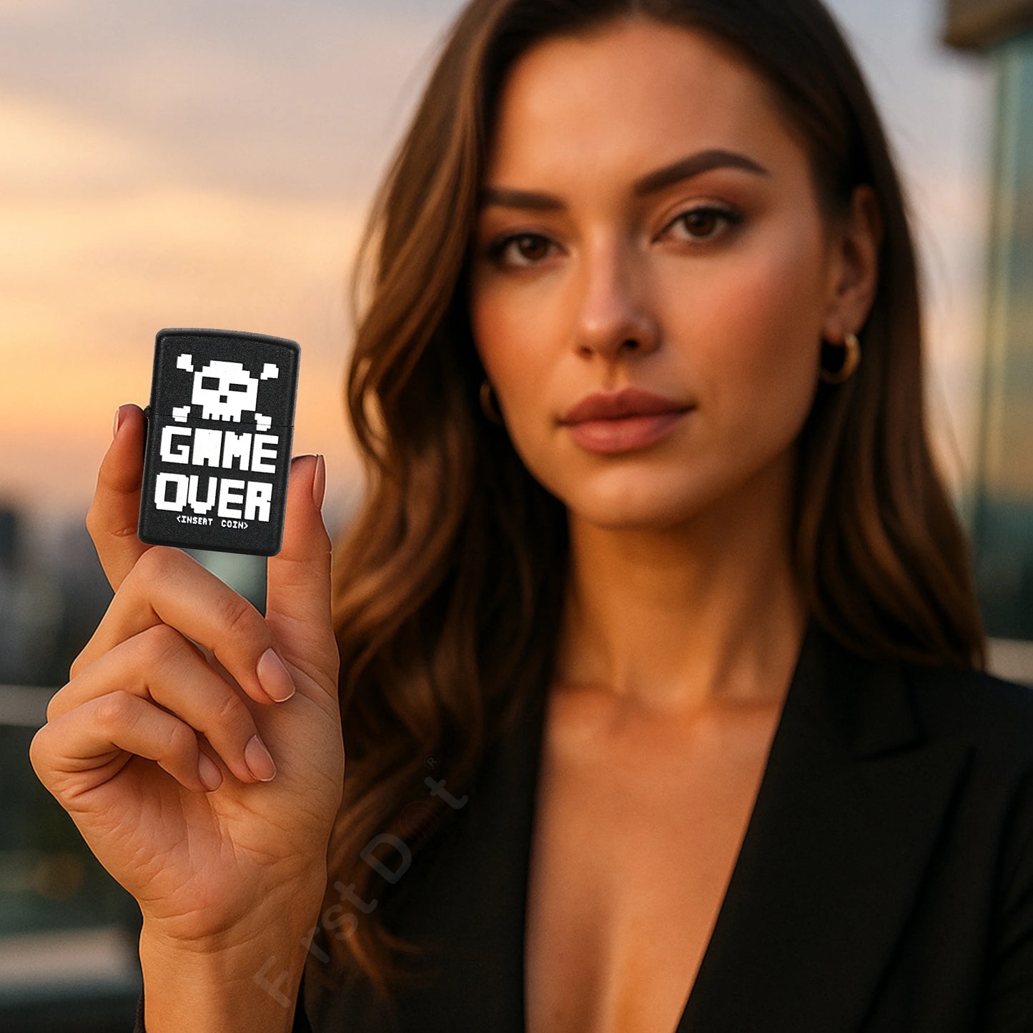 Woman holding Game Over Premium Refillable Cigarette Lighter first dot  with 'GAME OVER' screen against a blurred outdoor background