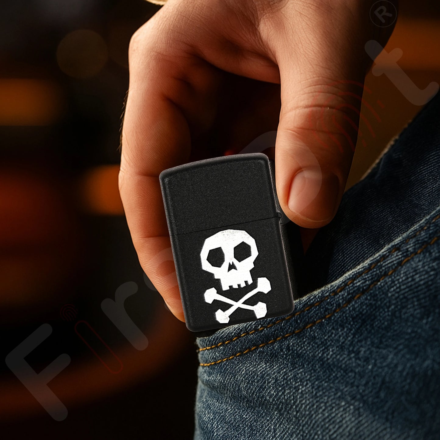 Hand holding a black lighter with a skull and crossbones design, against a blurred background. Death Note Skull Premium Refillable Cigarette Lighter First Dot