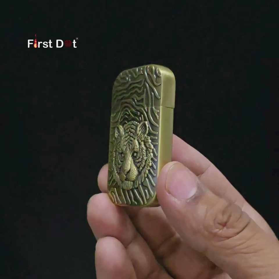 First Dot Tiger Face Engraved Red Jet Flame Windproof Lighter