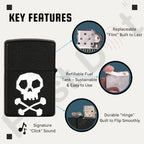 Black lighter with skull design, featuring key features on a white background. Death Note Skull Premium Refillable Cigarette Lighter First Dot