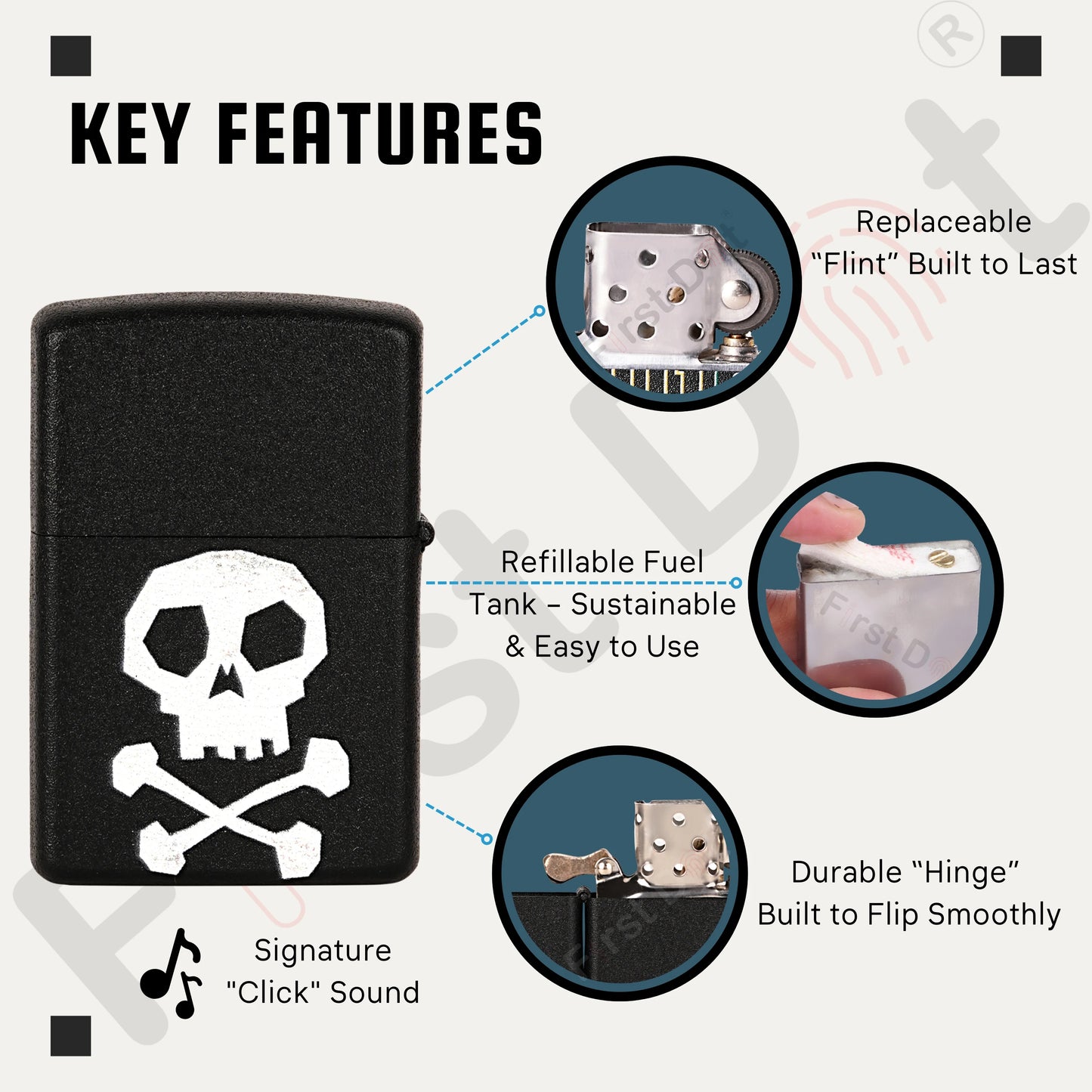 Black lighter with skull design, featuring key features on a white background. Death Note Skull Premium Refillable Cigarette Lighter First Dot