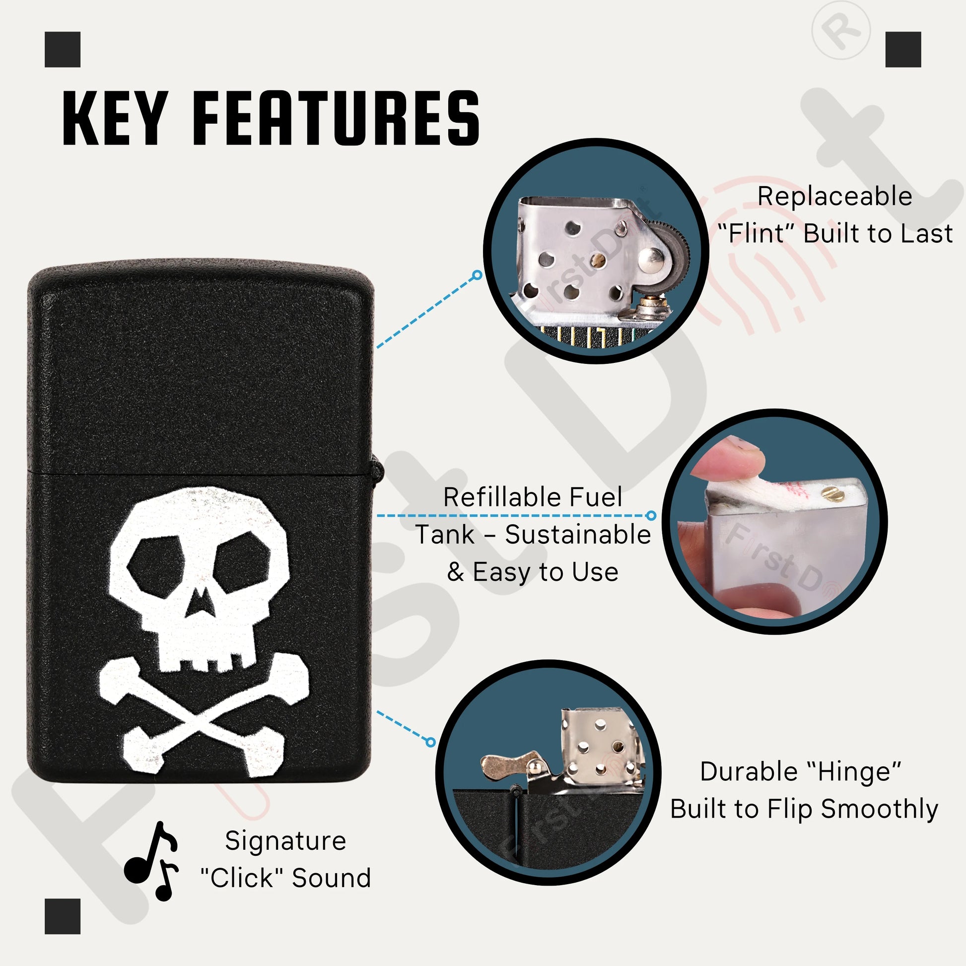 Black lighter with skull design, featuring key features on a white background. Death Note Skull Premium Refillable Cigarette Lighter First Dot
