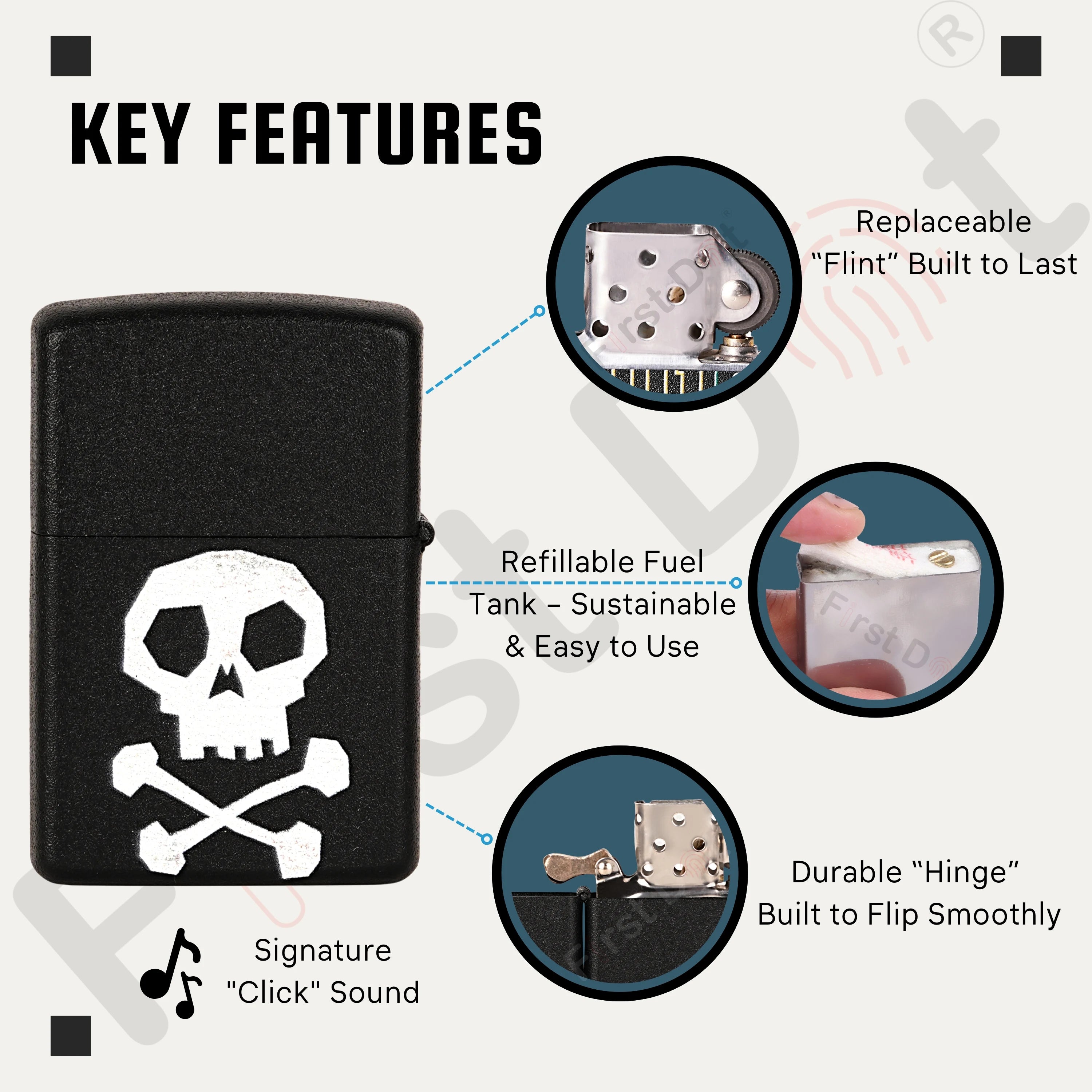 Black lighter with skull design, featuring key features on a white background. Death Note Skull Premium Refillable Cigarette Lighter First Dot