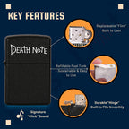 Black lighter with 'Death Note' branding and key features highlighted on a blue background Death Note Skull Premium Refillable Cigarette Lighter First Dot