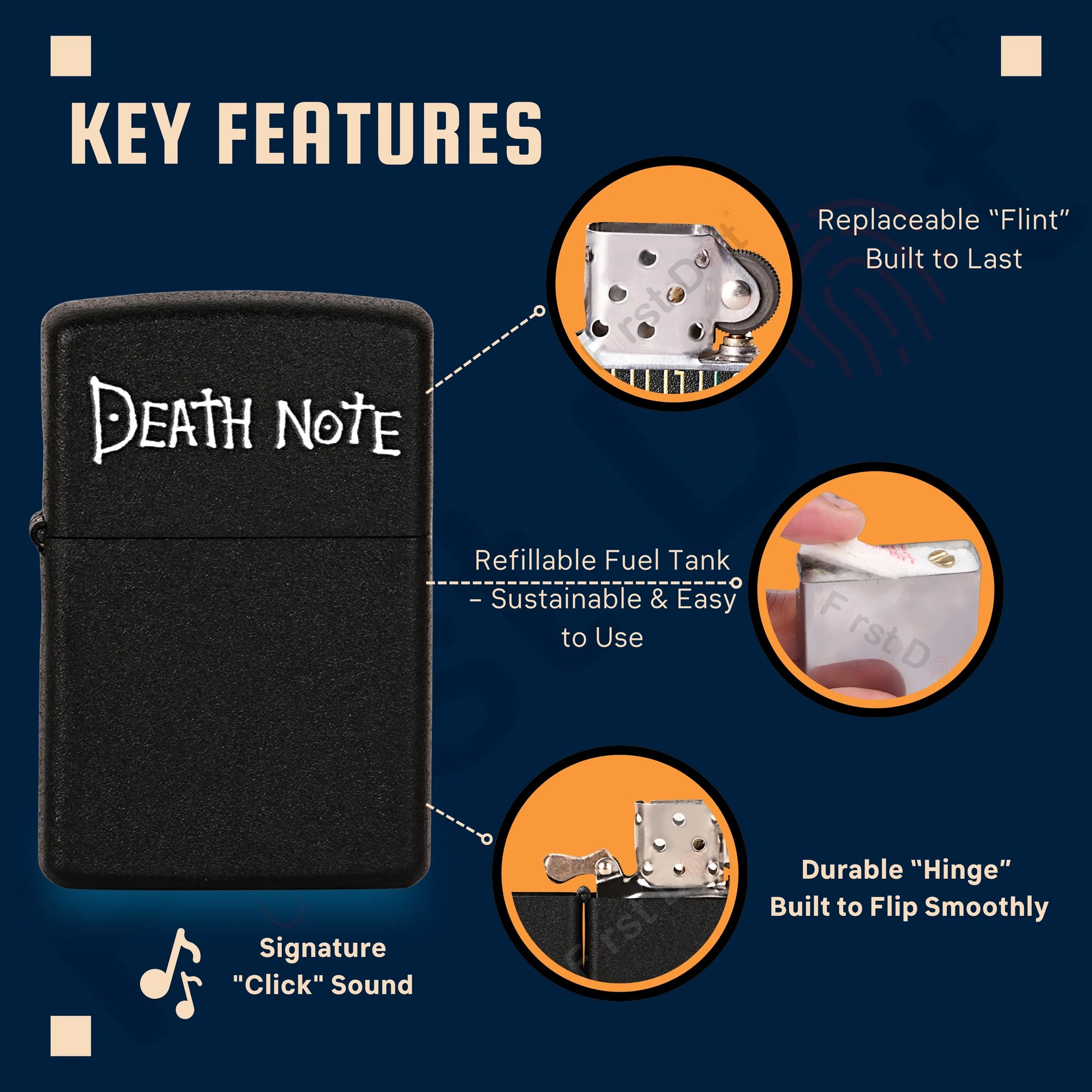 Black lighter with 'Death Note' branding and key features highlighted on a blue background Death Note Skull Premium Refillable Cigarette Lighter First Dot