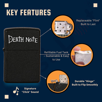 Black lighter with 'Death Note' branding and key features highlighted on a blue background Death Note Skull Premium Refillable Cigarette Lighter First Dot